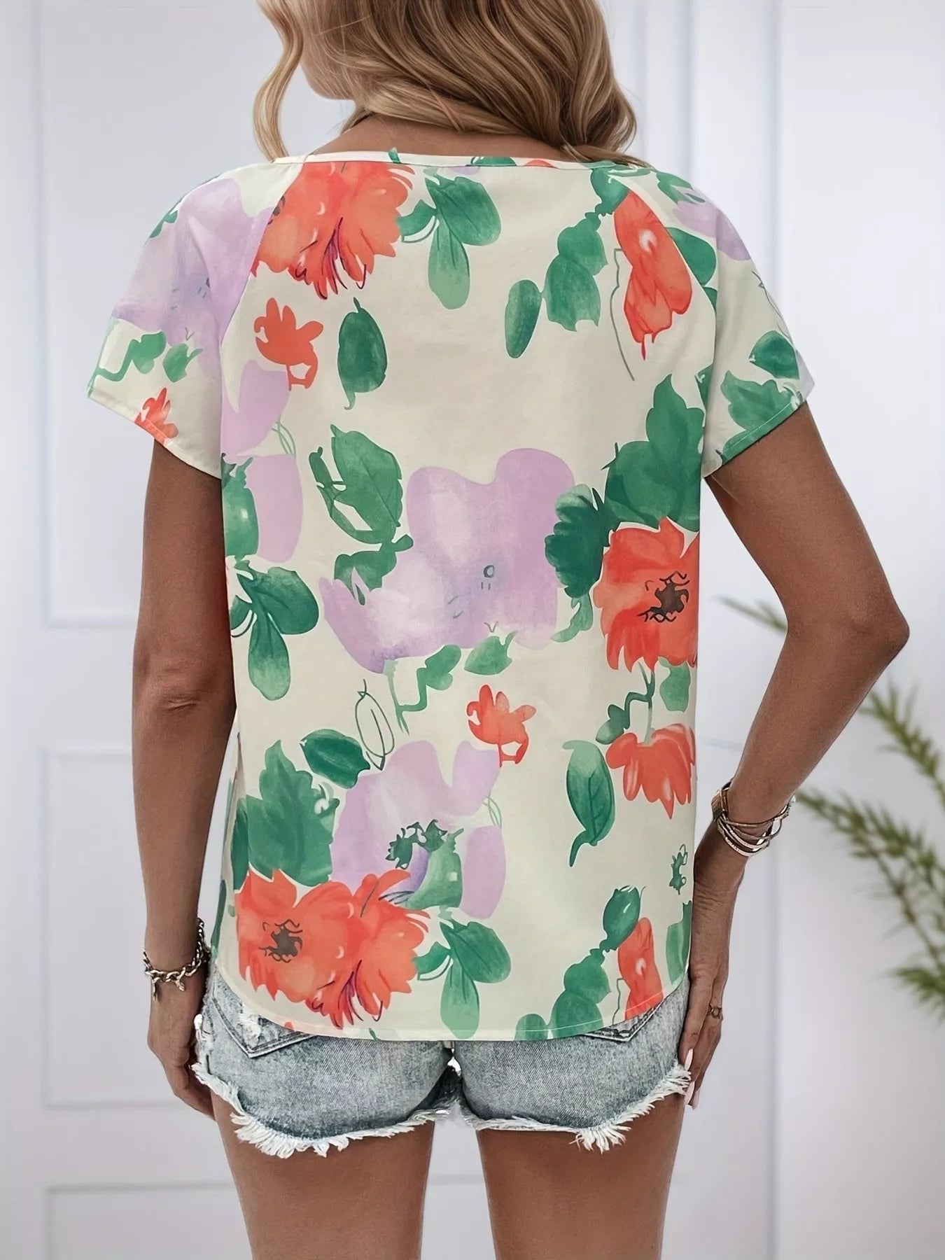 Floral Print Short Sleeve Blouse