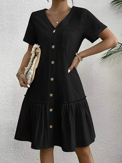 Full Size Button-Front Short Sleeve Tiered Dress Plus Size Black