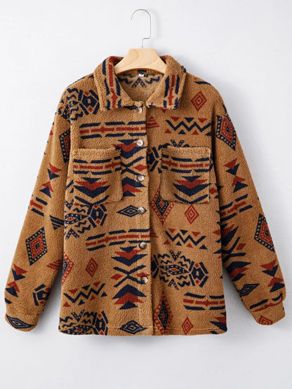 Western Aztec Pattern Fleece Button-Up Shacket