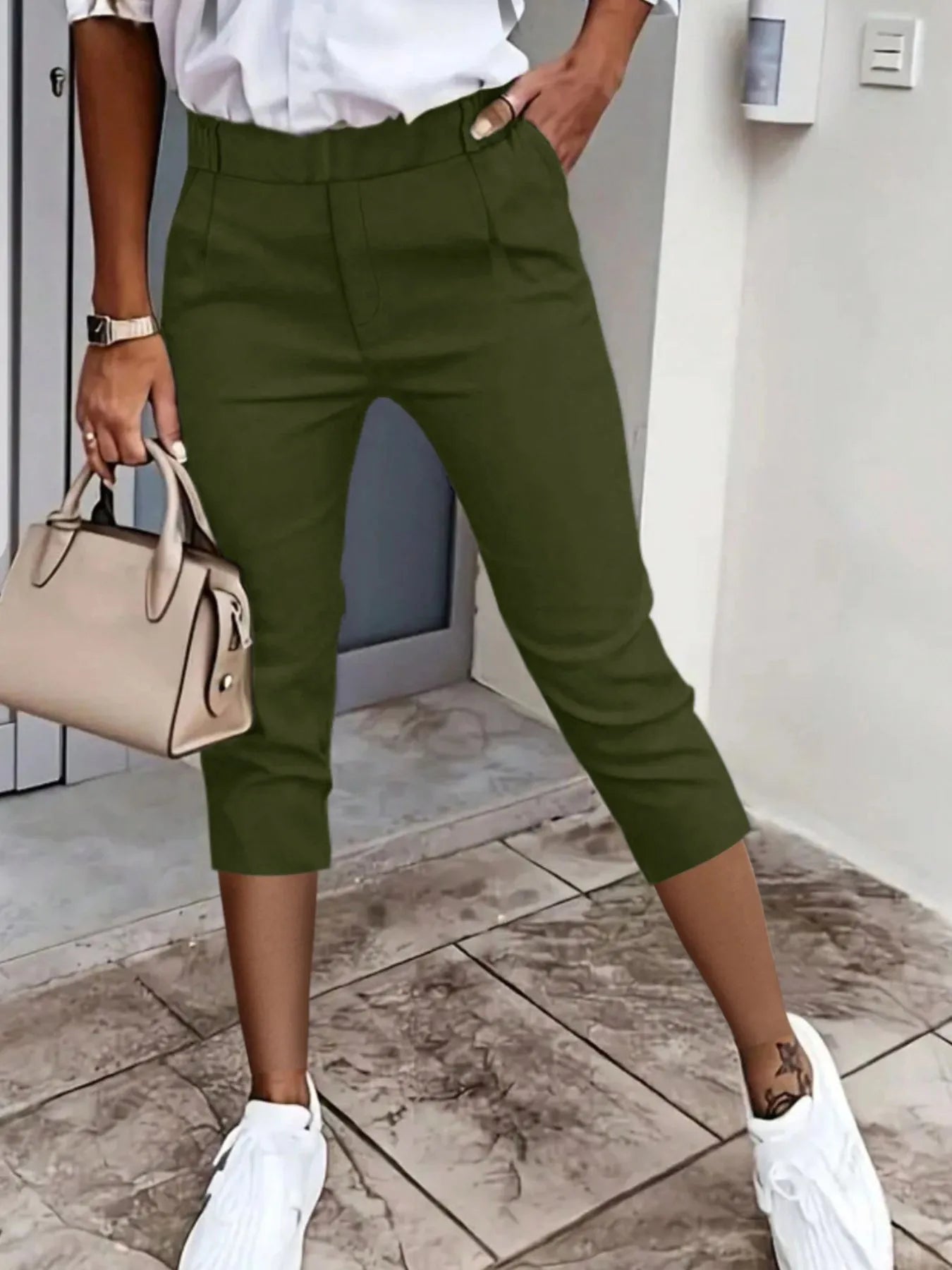 Pleated Detail Pants with Pockets Black Forest