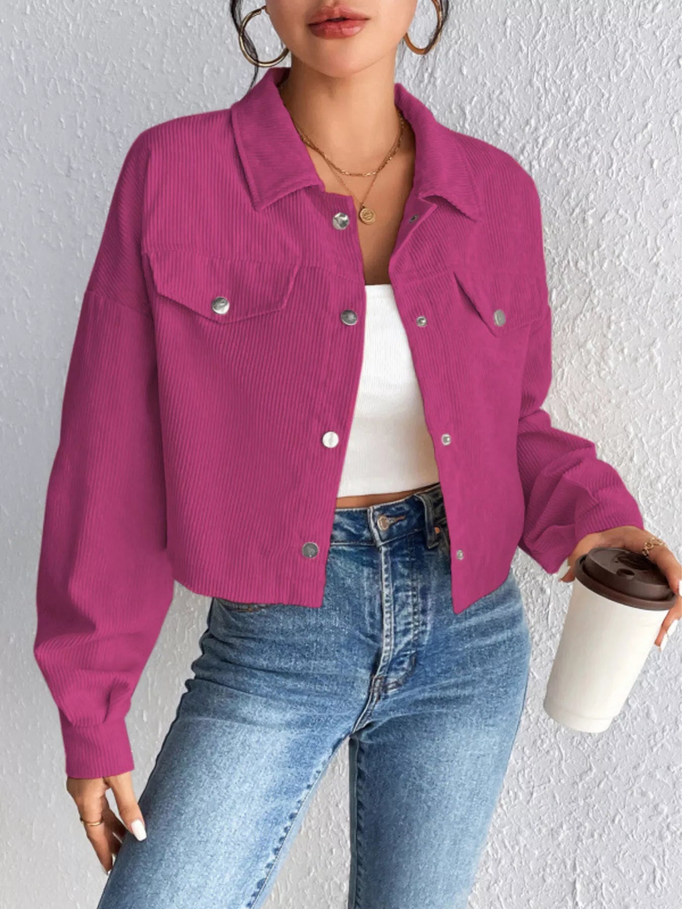 Casual Corduroy Snap Down Cropped Jacket