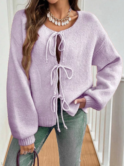 Tie-Front Long Sleeve Cardigan Light Purple