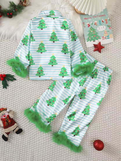 Children's Christmas Tree Print Fluffy Cuff Pajama Set