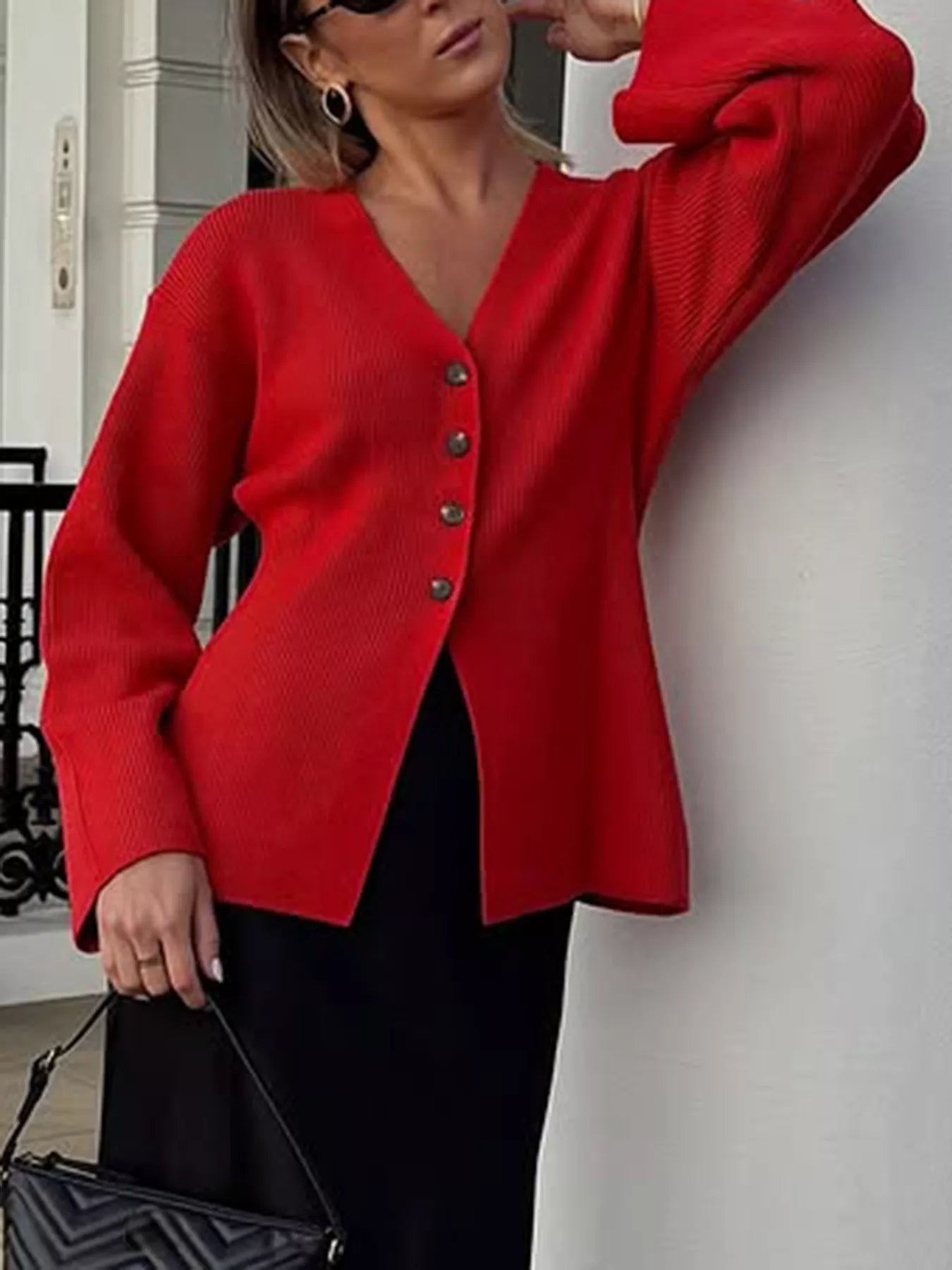 V-Neck Button-Down Knit Cardigan Red