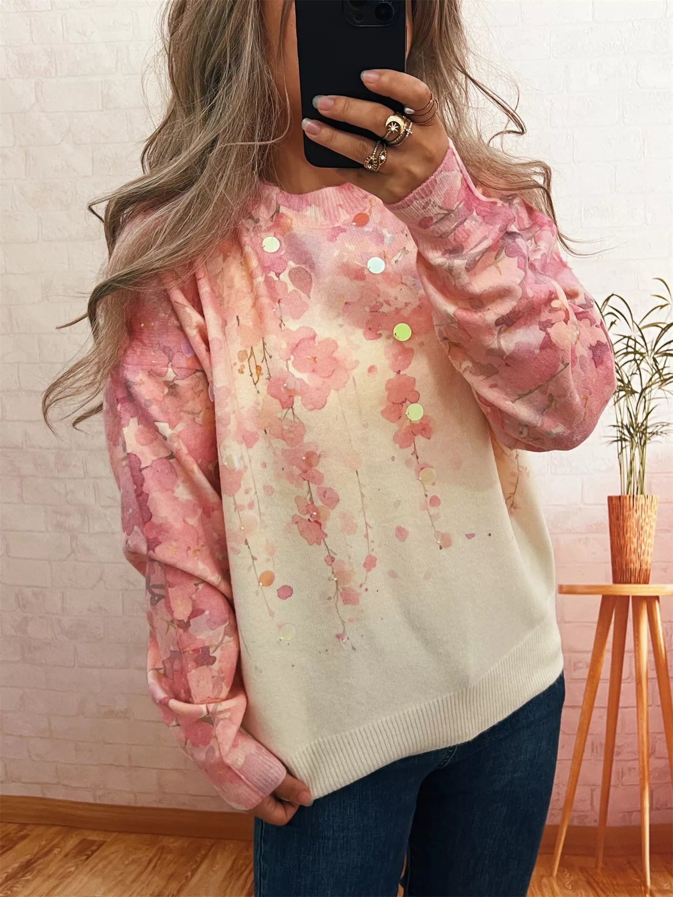Sequin Crew Neck Long Sleeve Sweater