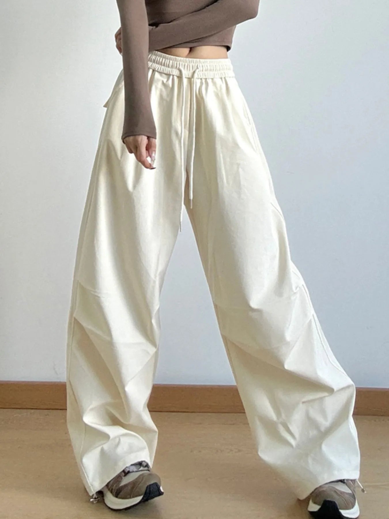 Oversized Wide Leg Drawstring Pants Beige