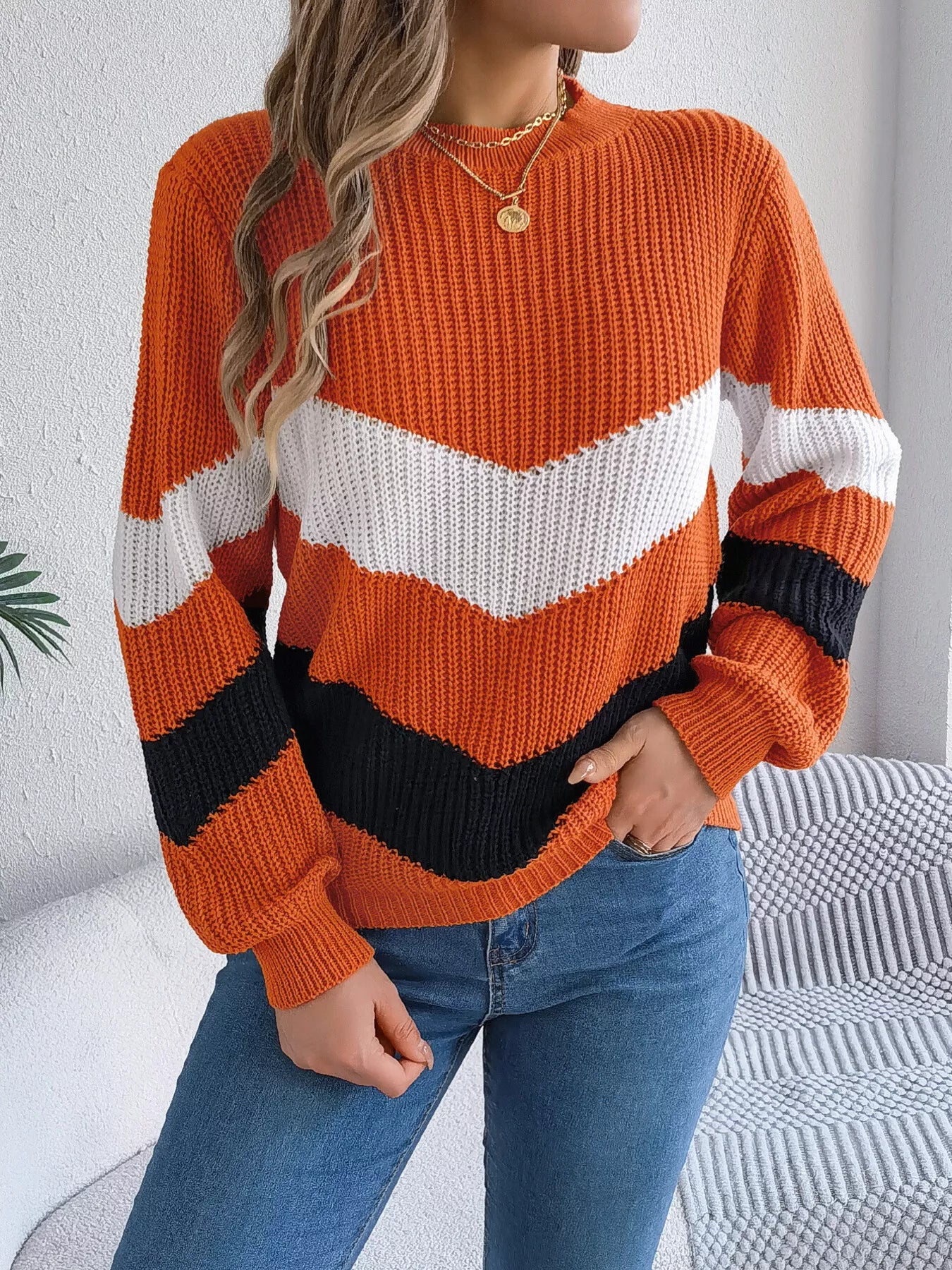 Chevron Stripe Color Block Round Neck Sweater