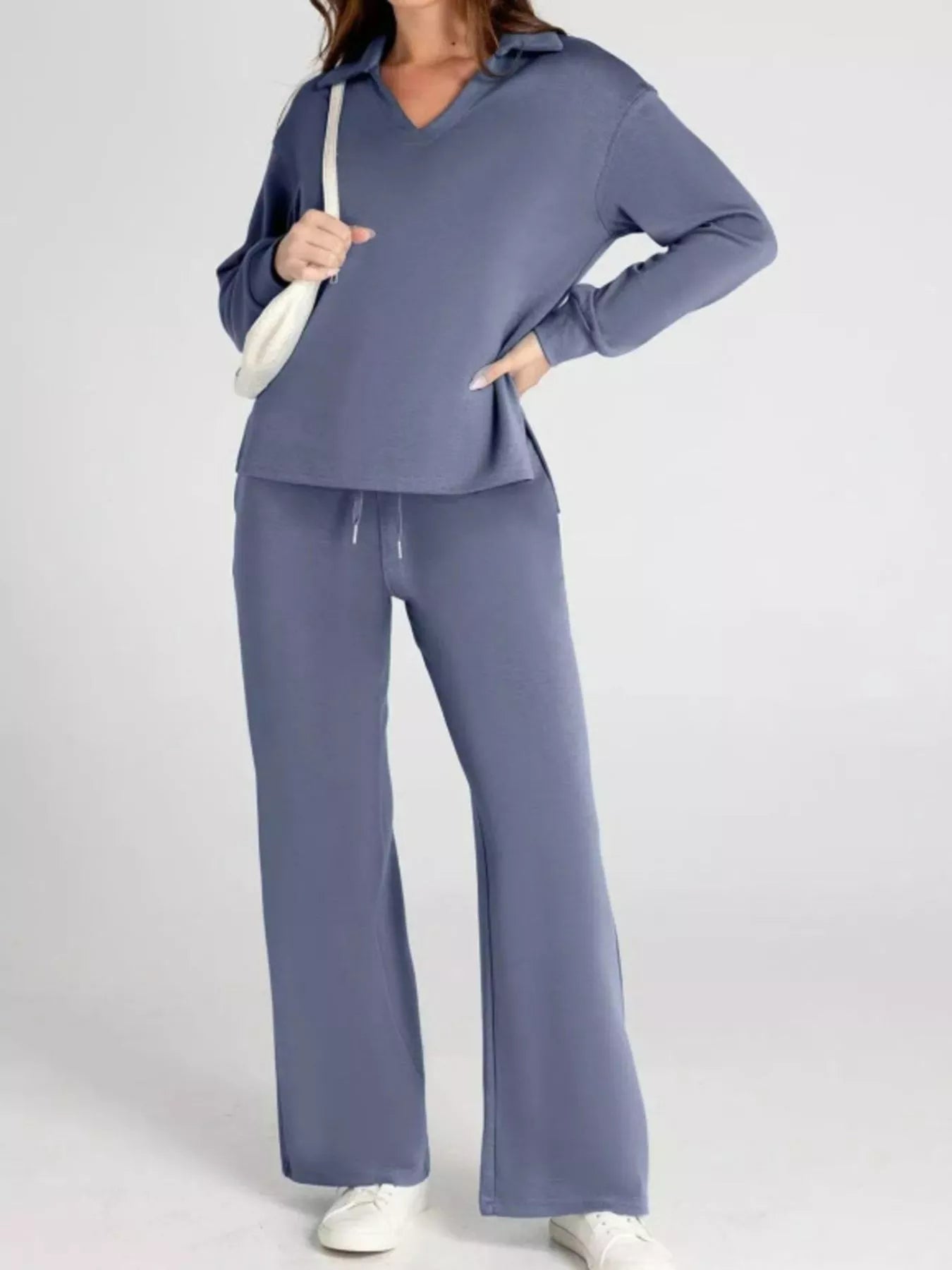Full Size Johnny Collar Long Sleeve Top and Pants Plus Size Light Indigo