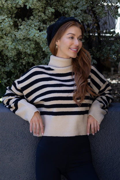 Beige and Black Striped Turtleneck Sweater-FINAL SALE