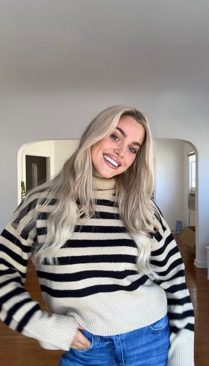 Beige and Black Striped Turtleneck Sweater-FINAL SALE