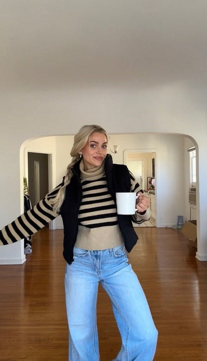Beige and Black Striped Turtleneck Sweater-FINAL SALE