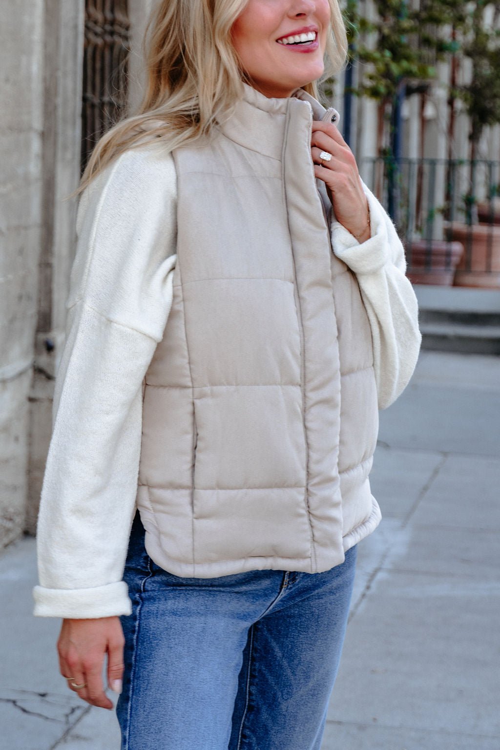 Beige Button Up Puffer Vest