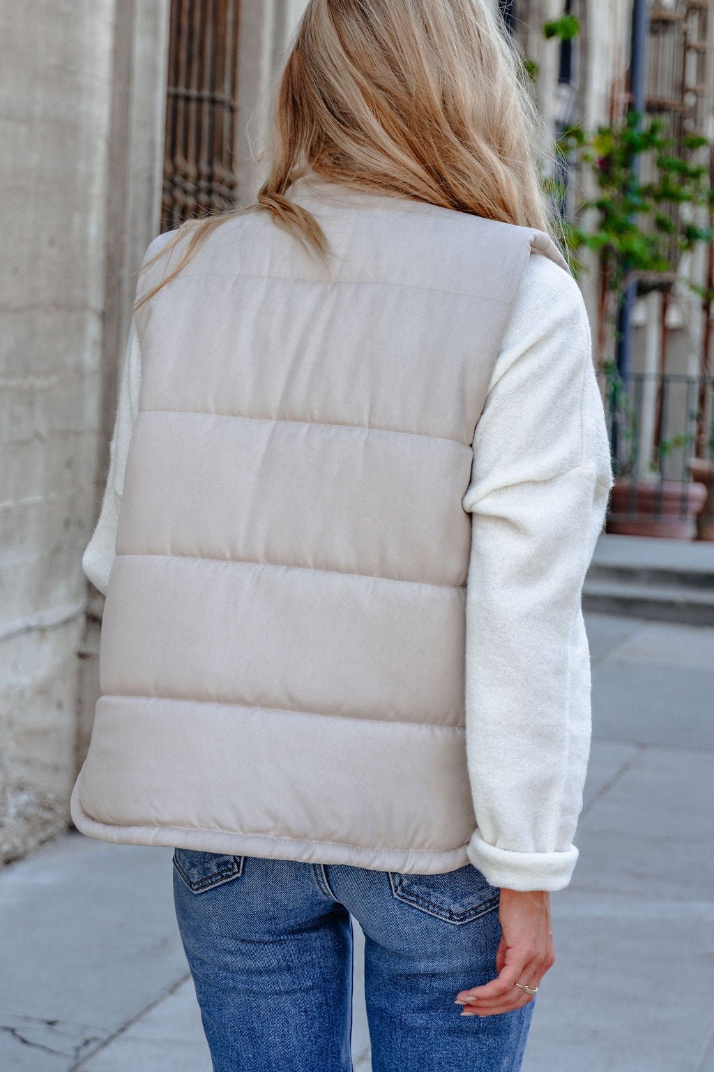 Beige Button Up Puffer Vest