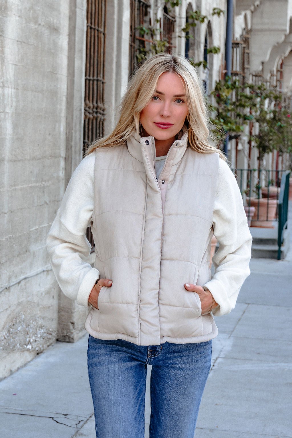 Beige Button Up Puffer Vest