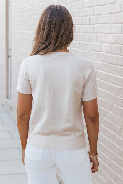 Beige Short Sleeve Crew Neck Sweater