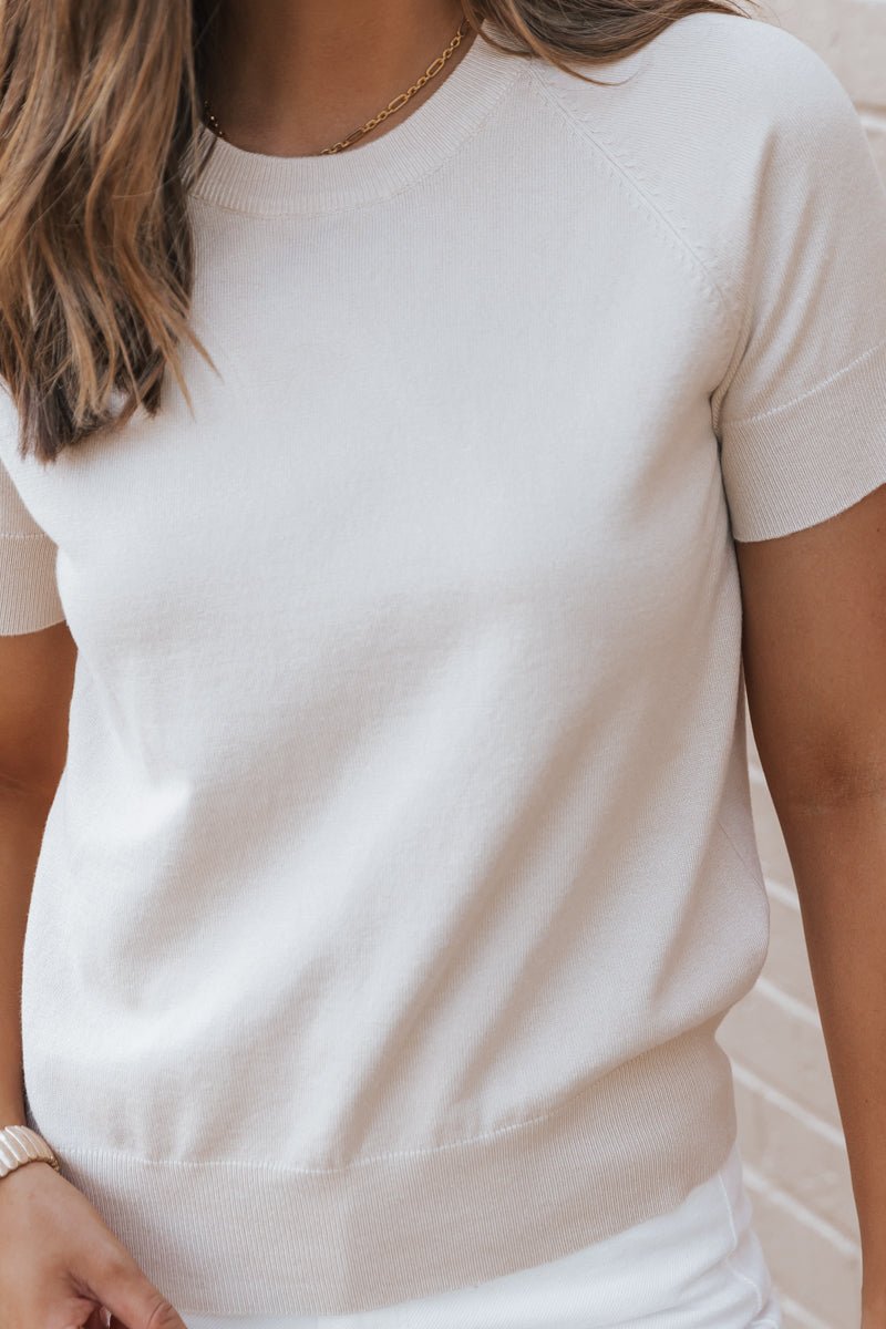 Beige Short Sleeve Crew Neck Sweater