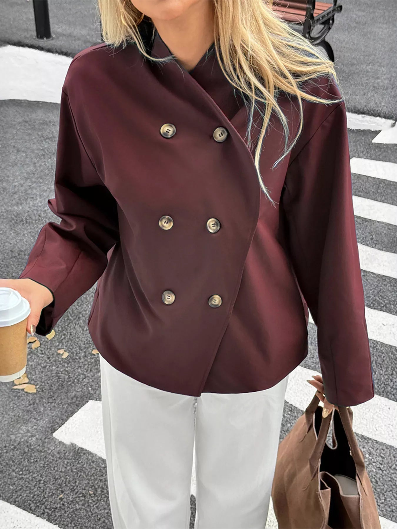 Double-Breasted Long Sleeve Jacket Burgundy