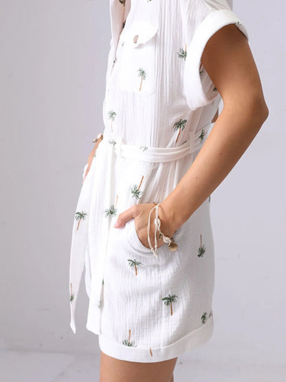 Palm Tree Print Short Sleeve Button-Up Romper with Belt