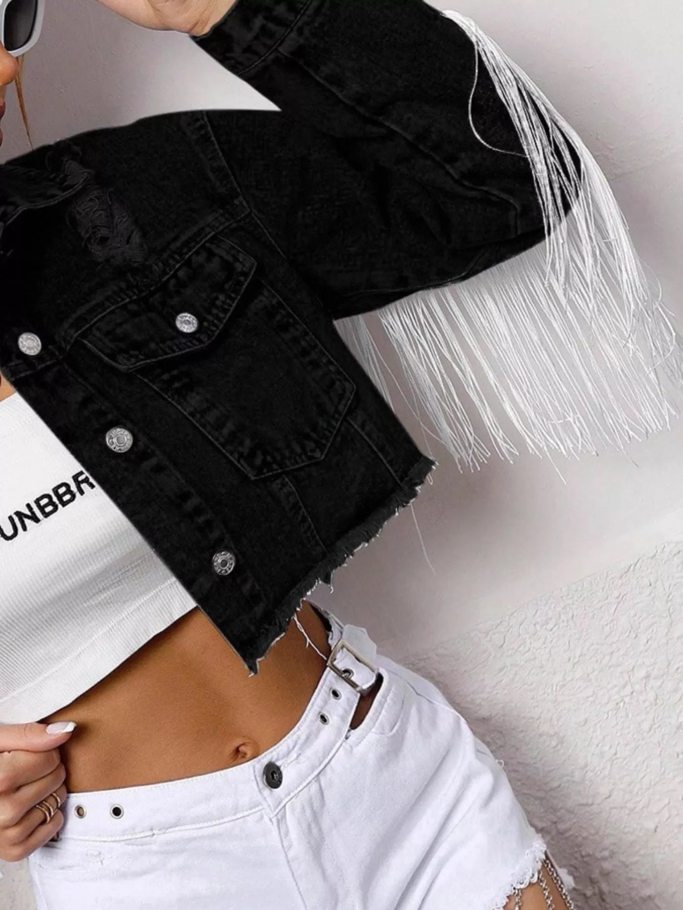 Fringe Button Up Cropped Denim Jacket