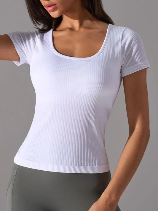 Square Neck Active T-Shirt with Detachable Chest Pads White
