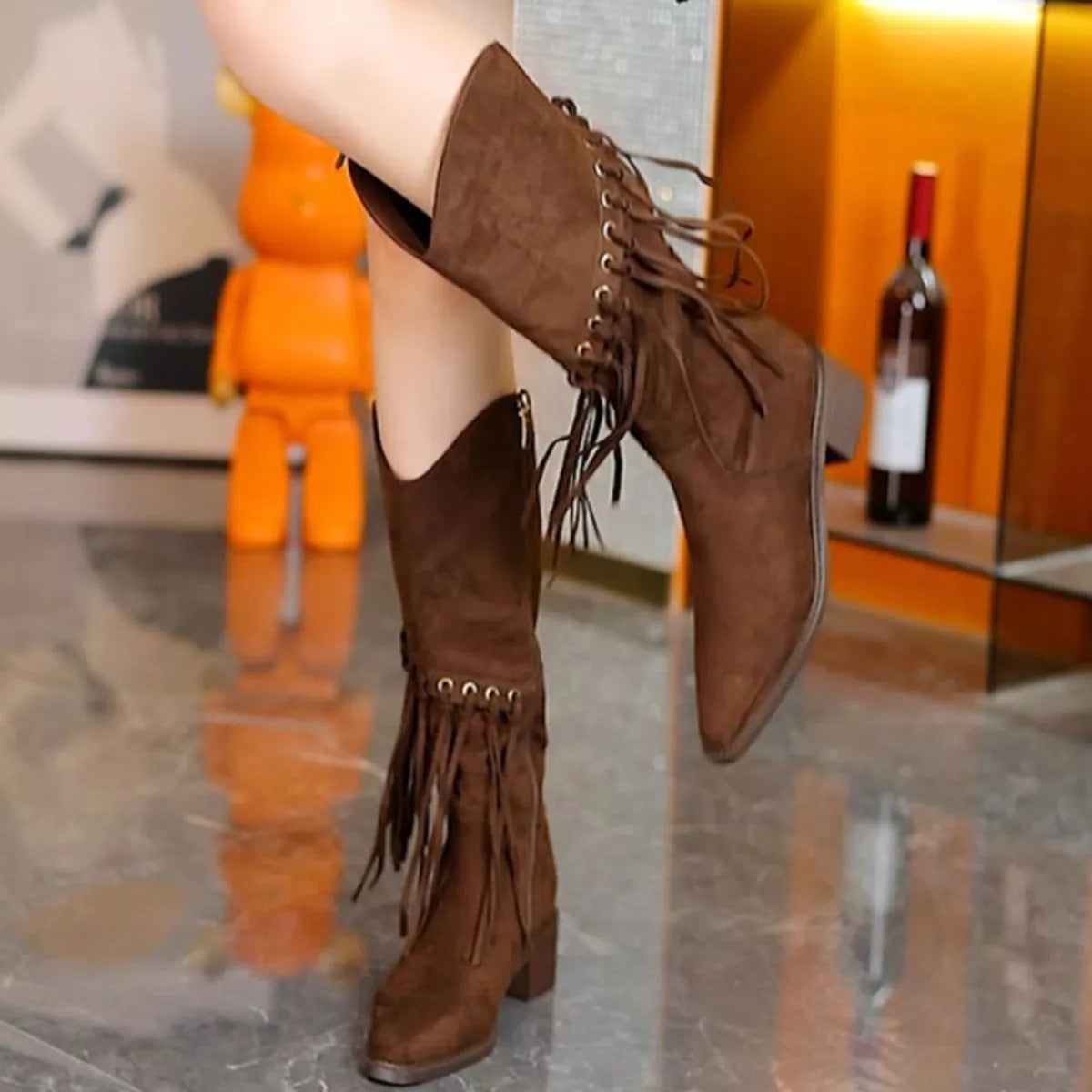 Fringed Point Toe Block Heel Boots