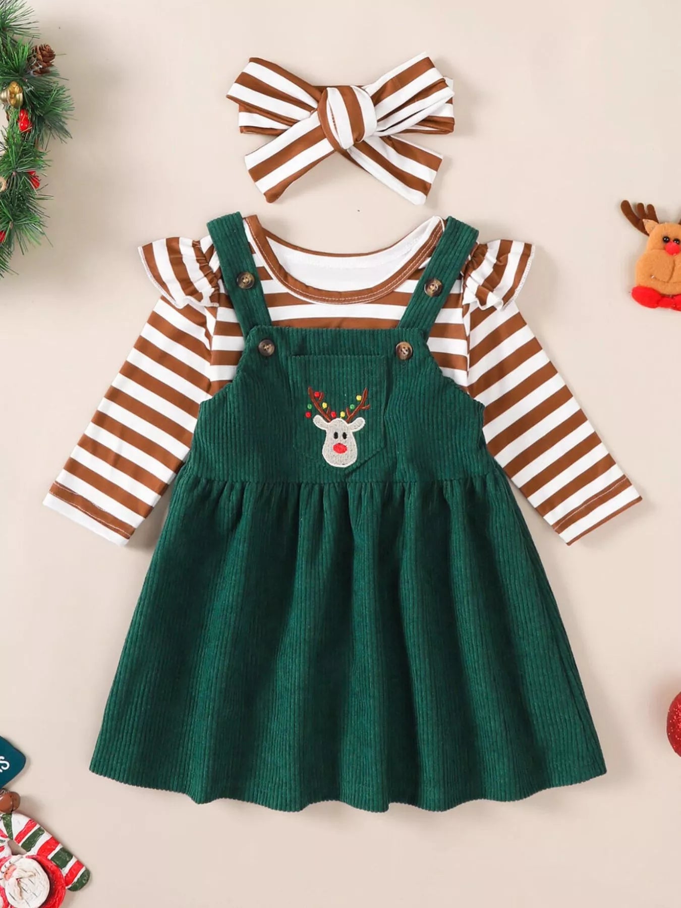 Children's Christmas Bodysuit and Overall Dress Set with Headband Brown