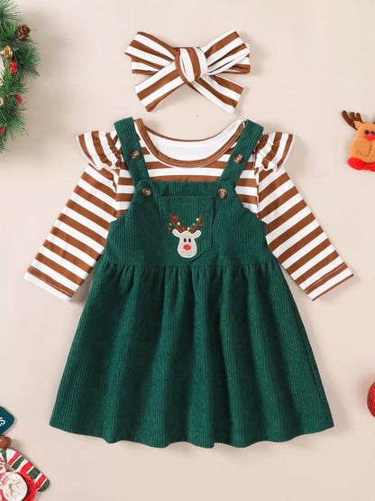 Children's Christmas Bodysuit and Overall Dress Set with Headband Brown