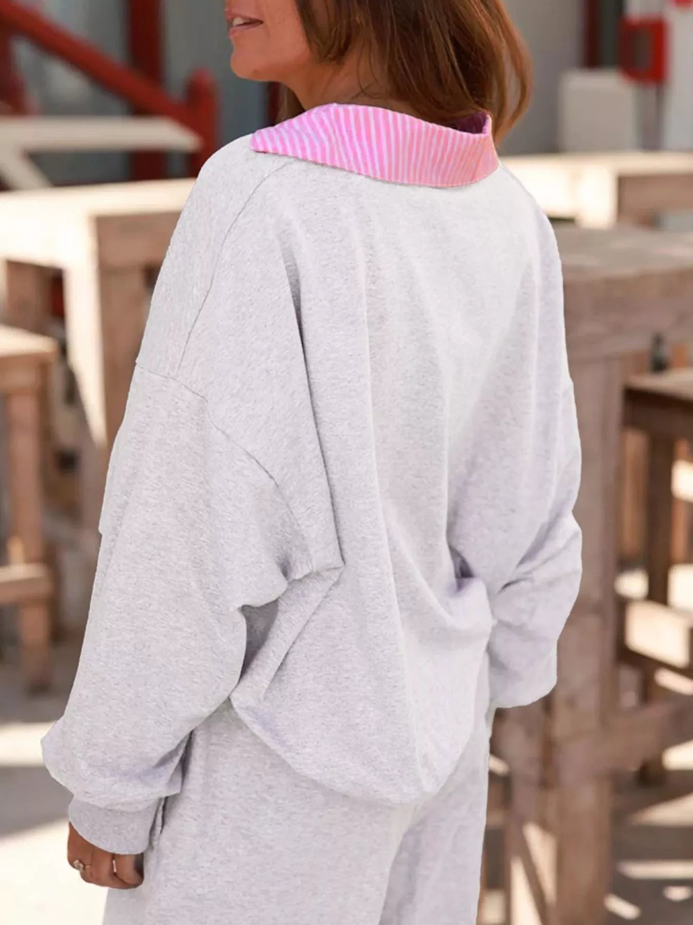 Contrasted Trim Frilled Collar Drop Shoulder Top and Drawstring Pant Set