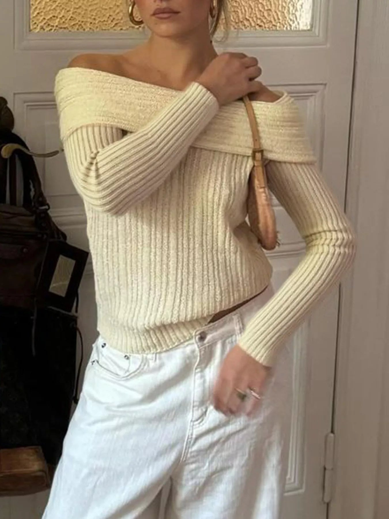 Off-Shoulder Ribbed Knit Sweater Light Yellow