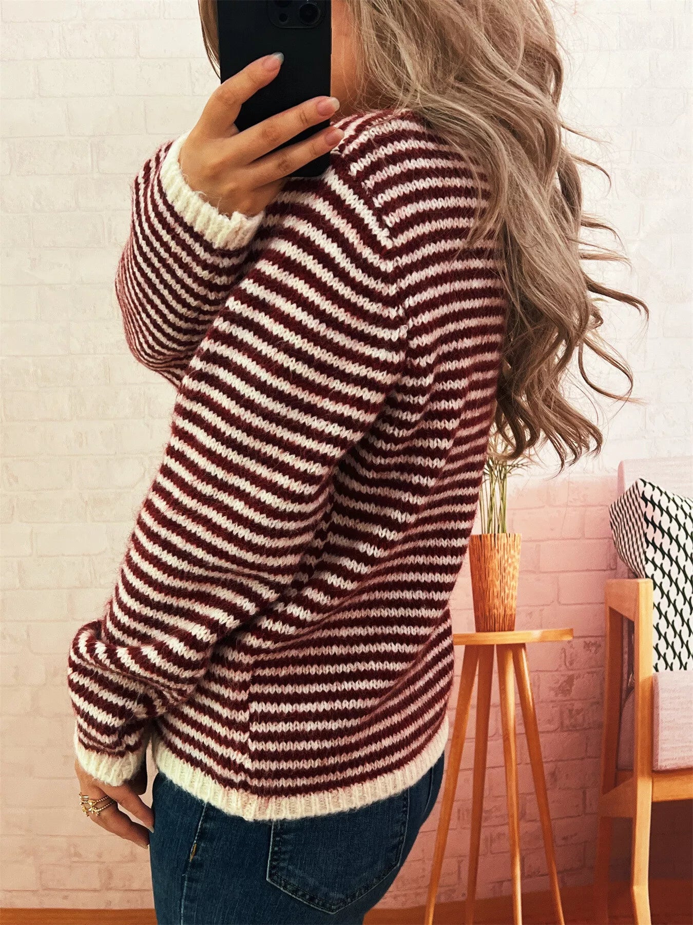 Striped Button Detail Long Sleeve Sweater