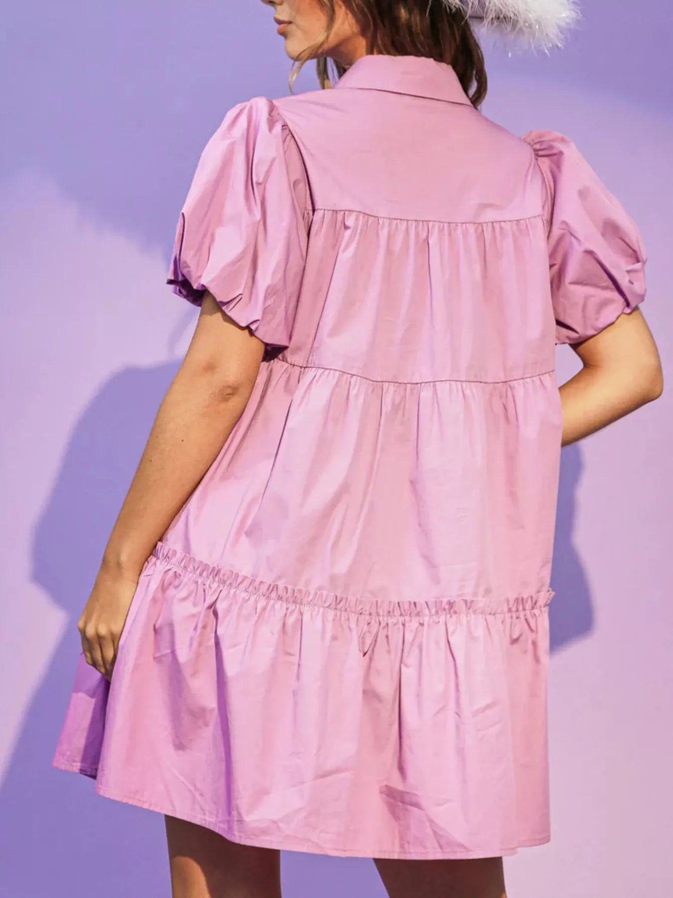 Full Size Sequin Button Front Puff Sleeve Shirt Dress Plus Size