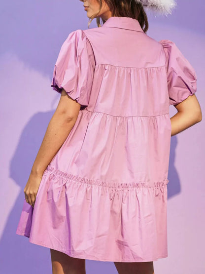 Full Size Sequin Button Front Puff Sleeve Shirt Dress Plus Size