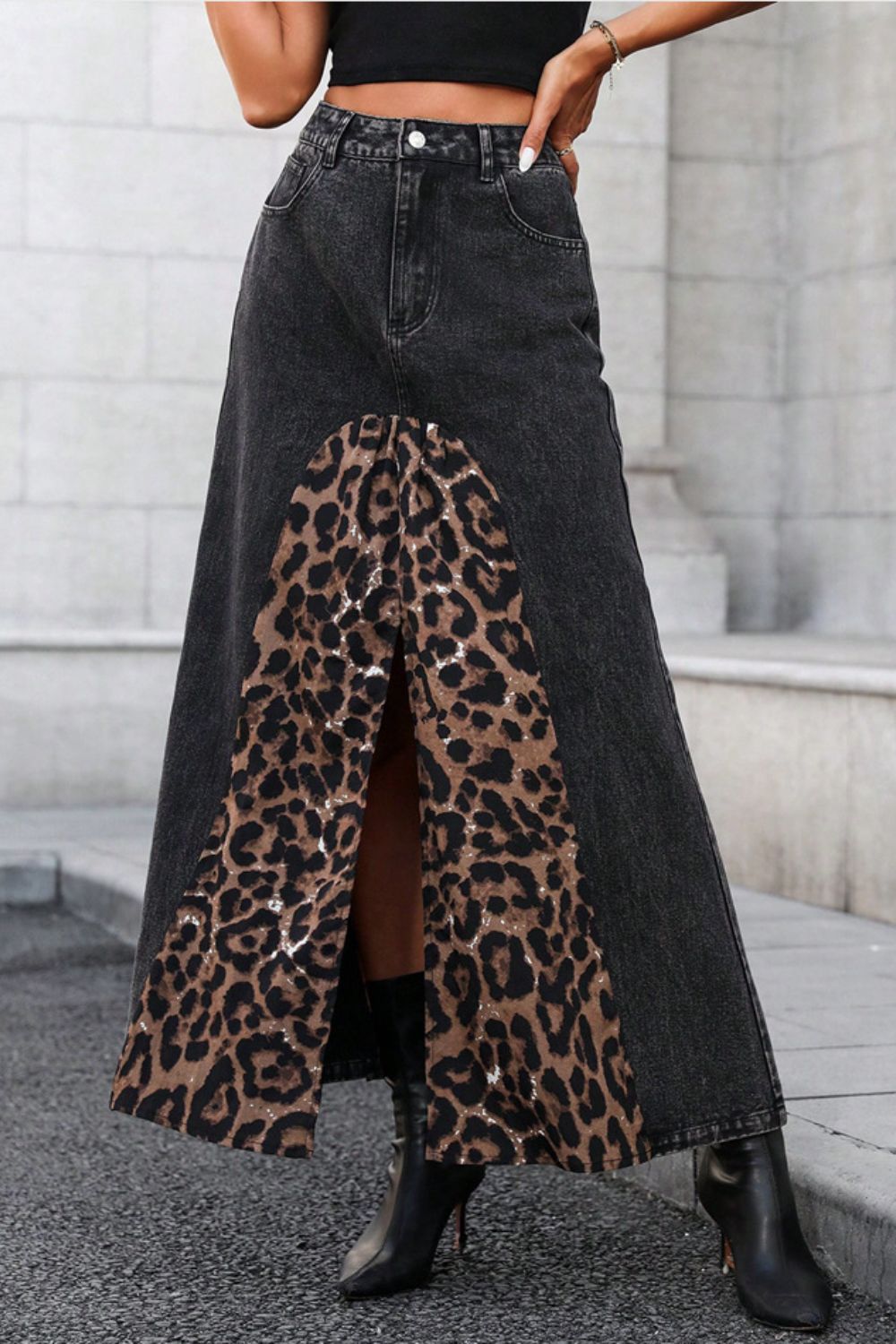 Slit Leopard Midi Denim Skirt Black