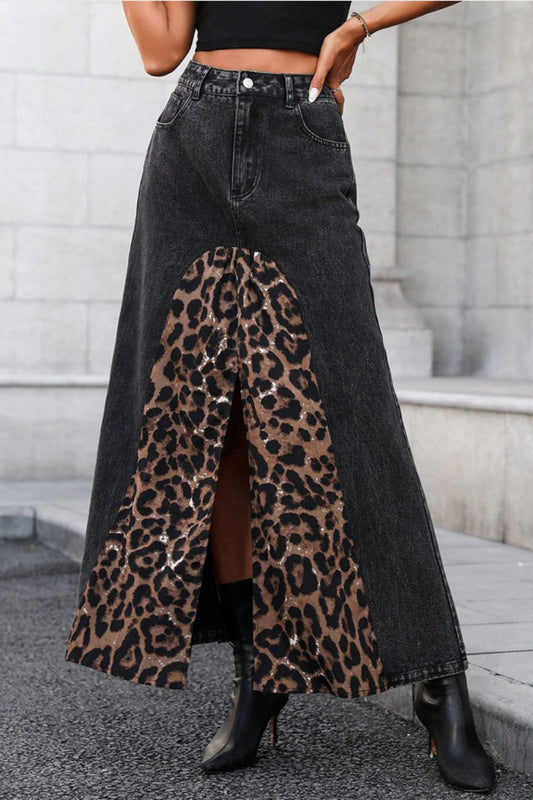Slit Leopard Midi Denim Skirt Black