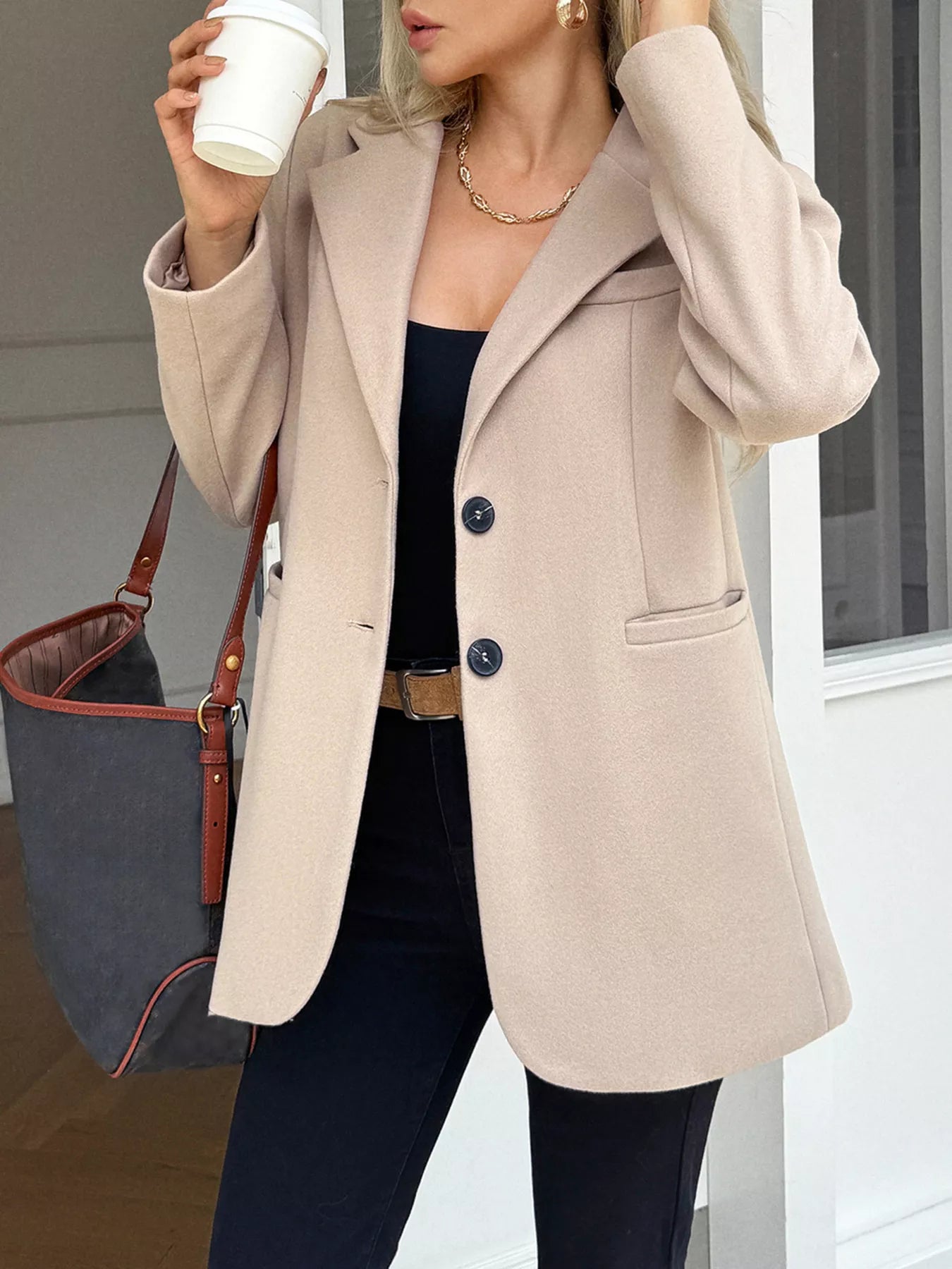 Lapel Collar Button Up Blazer Khaki