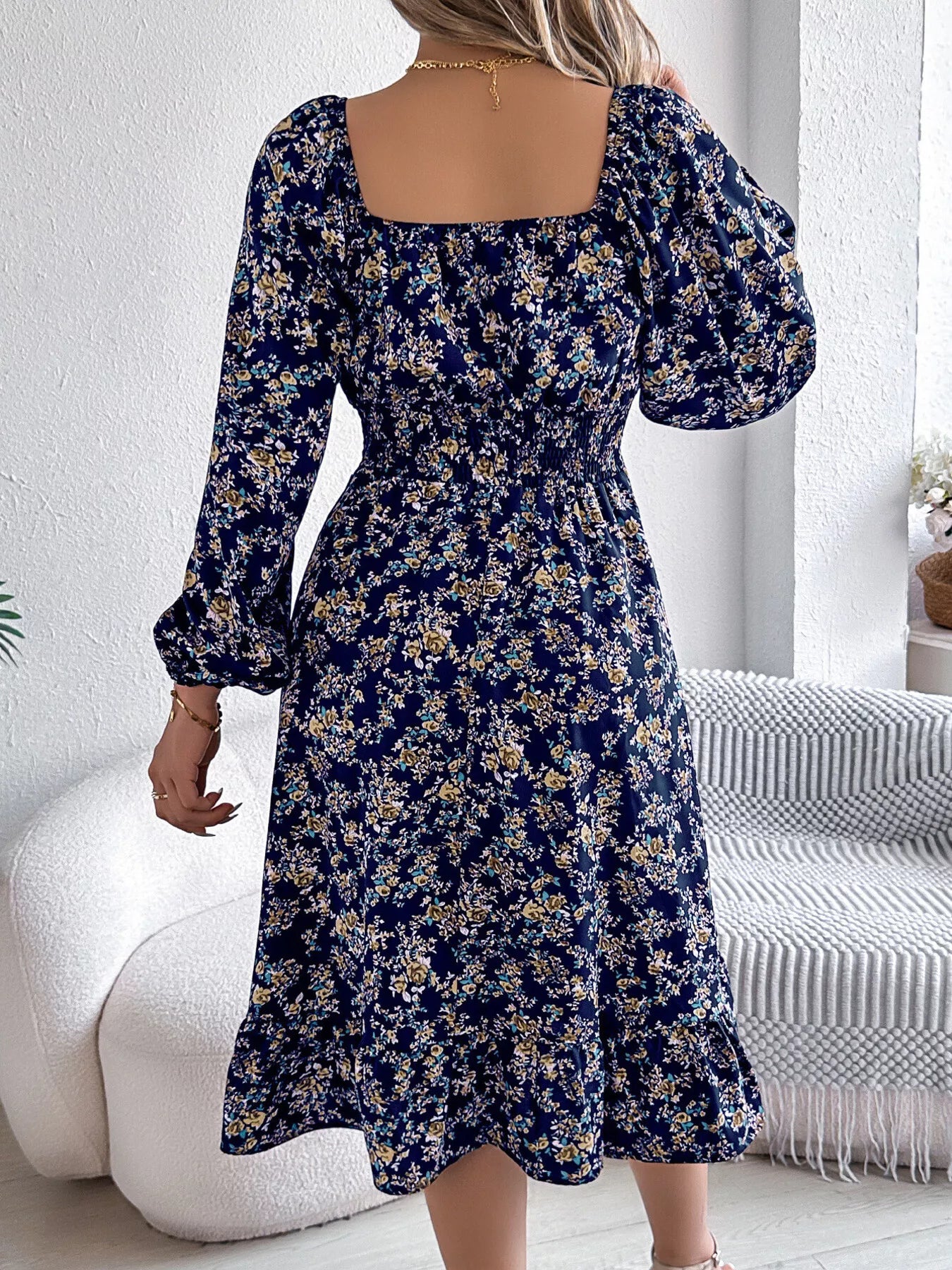 Floral Print Long Sleeve Square Neck Midi Dress