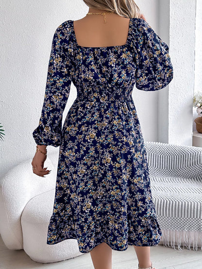 Floral Print Long Sleeve Square Neck Midi Dress