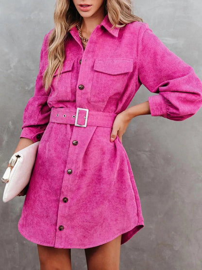 Button Front Belt Long Sleeve Corduroy Dress