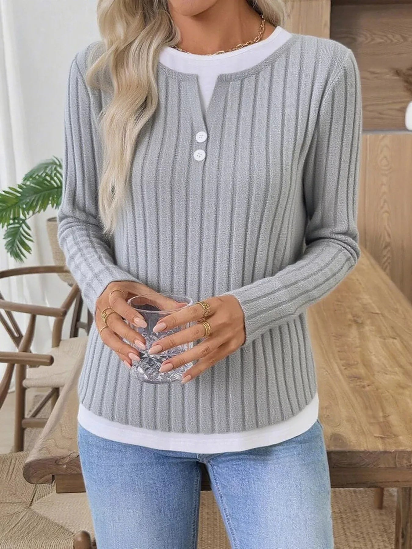 Ribbed Knit Button Detail Contrast Sweater
