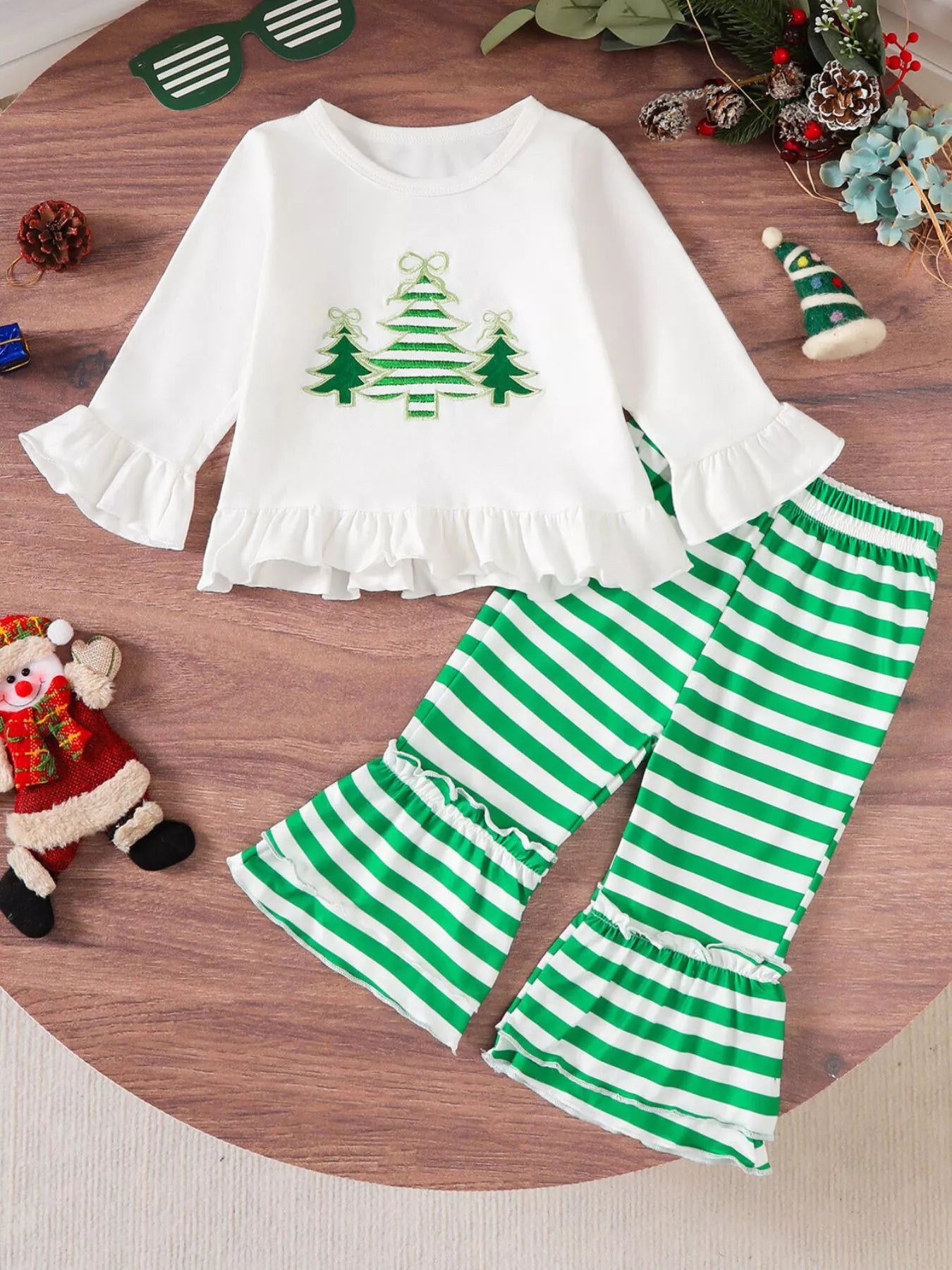 Children's Christmas Ruffle Trim Top and Pants Set Green