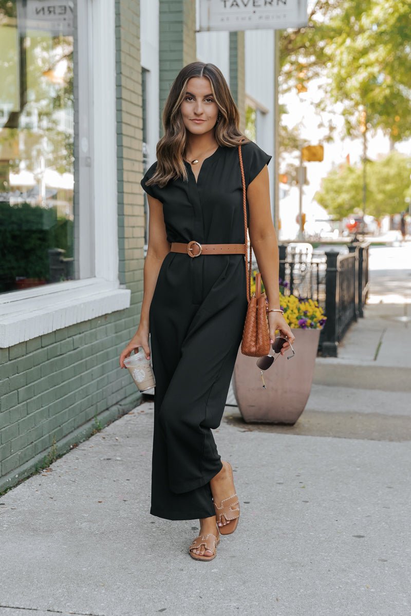 Black Short Sleeve Belted Jumpsuit