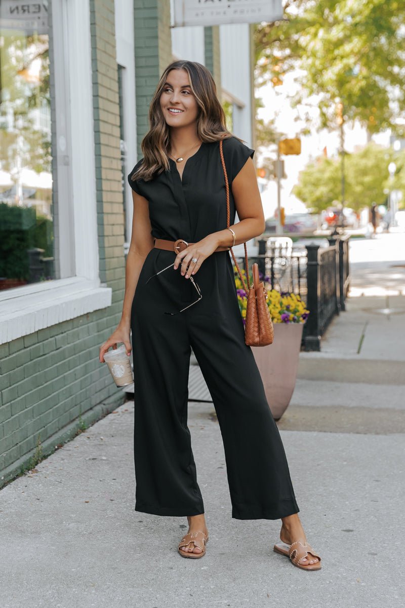 Black Short Sleeve Belted Jumpsuit