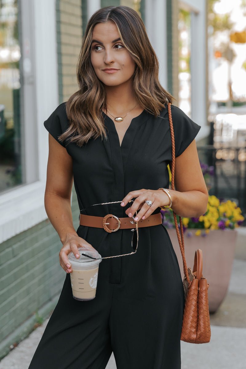 Black Short Sleeve Belted Jumpsuit
