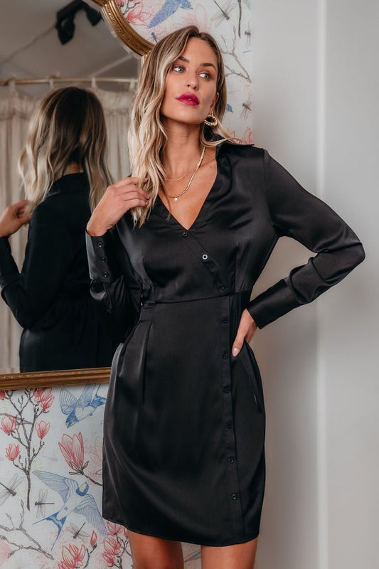 Black V Neck Satin Mini Dress - FINAL SALE