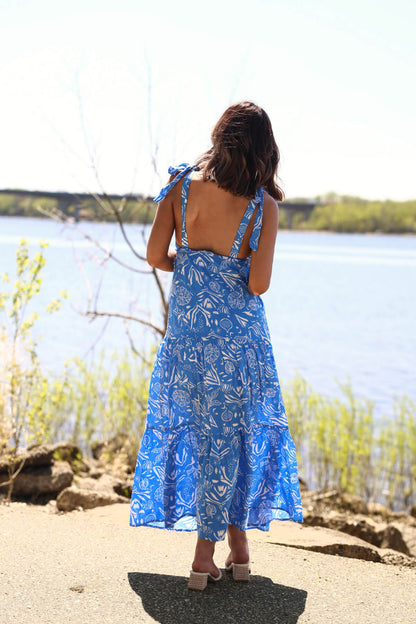 Blue and White Print Tiered Maxi Dress - FINAL SALE