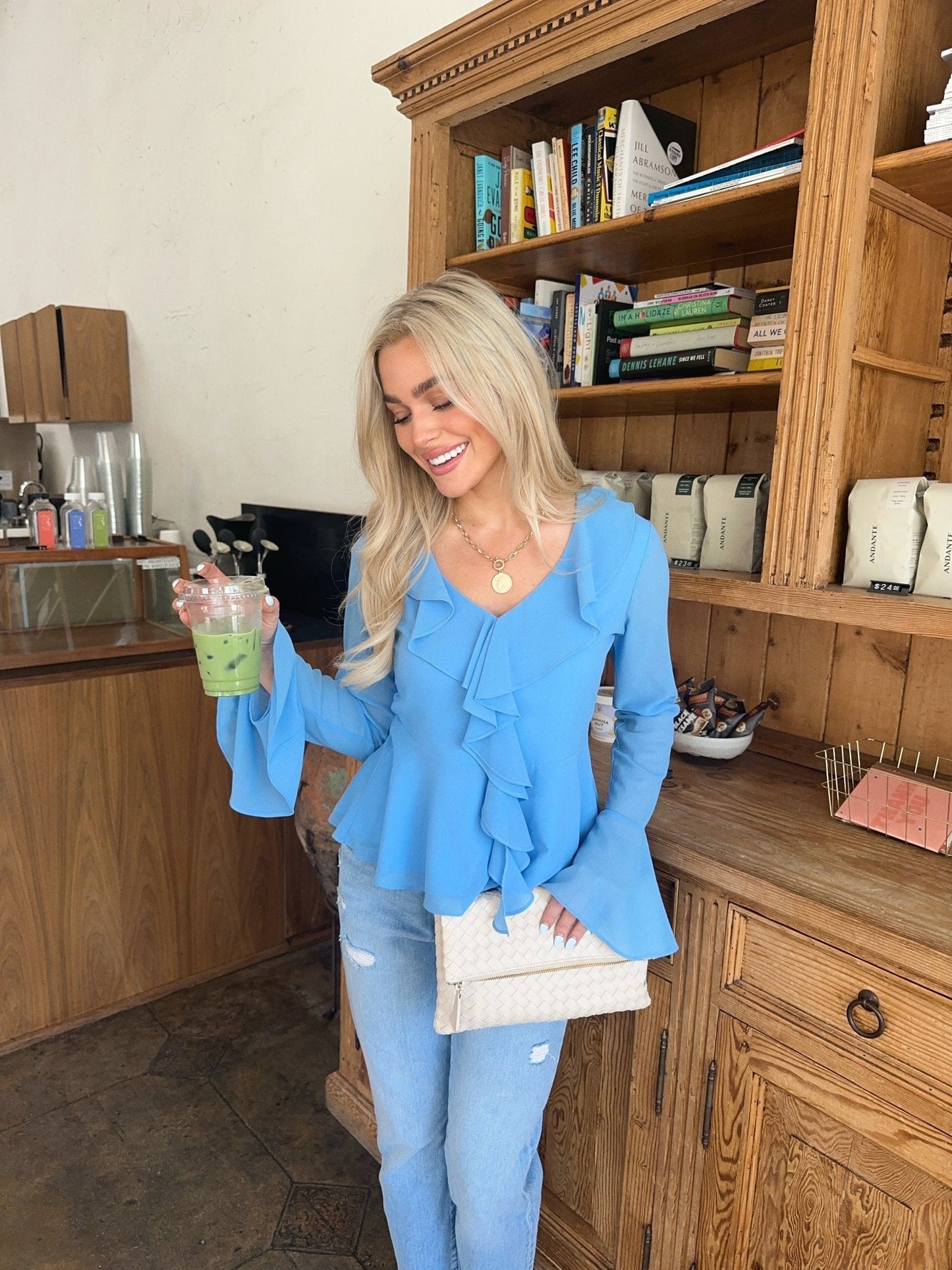 Blue Coastal Charm Ruffle Detail Blouse - FINAL SALE