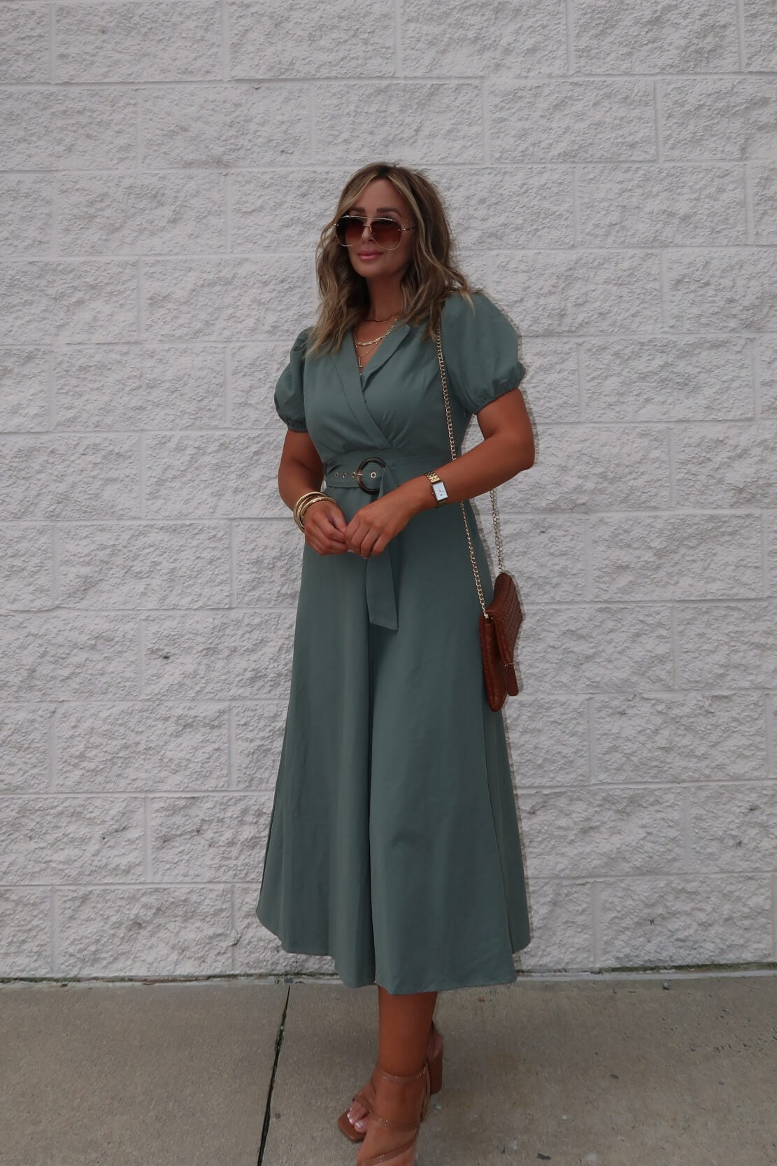 Breland Olive Belted Midi Dress