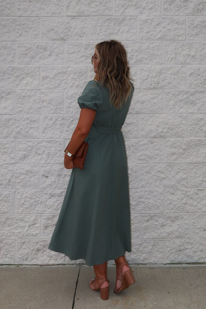 Breland Olive Belted Midi Dress