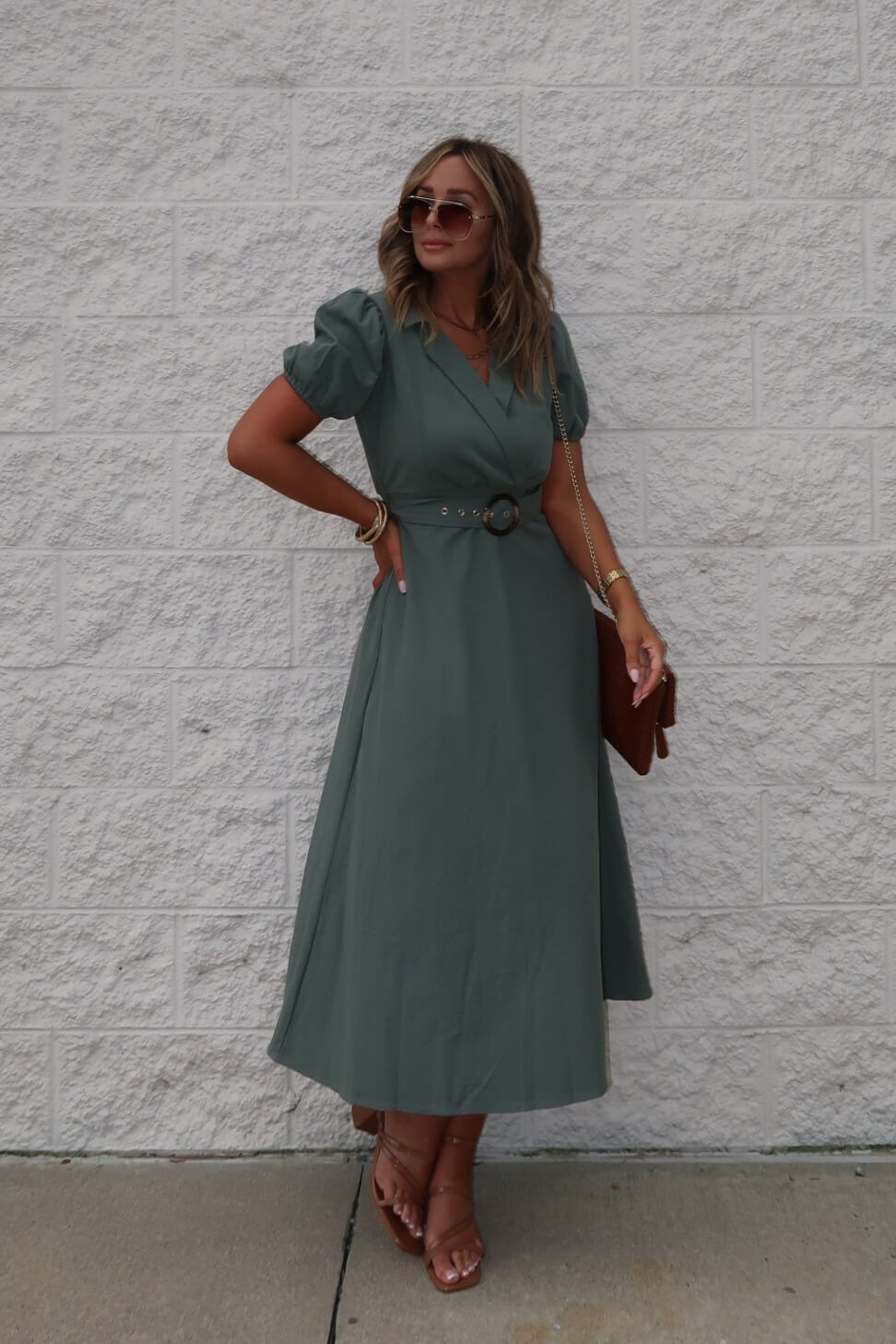 Breland Olive Belted Midi Dress