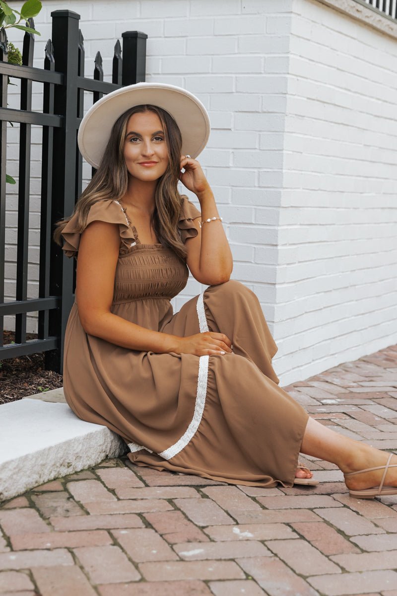 Brown Contrast Flutter Sleeve Midi Dress - FINAL SALE